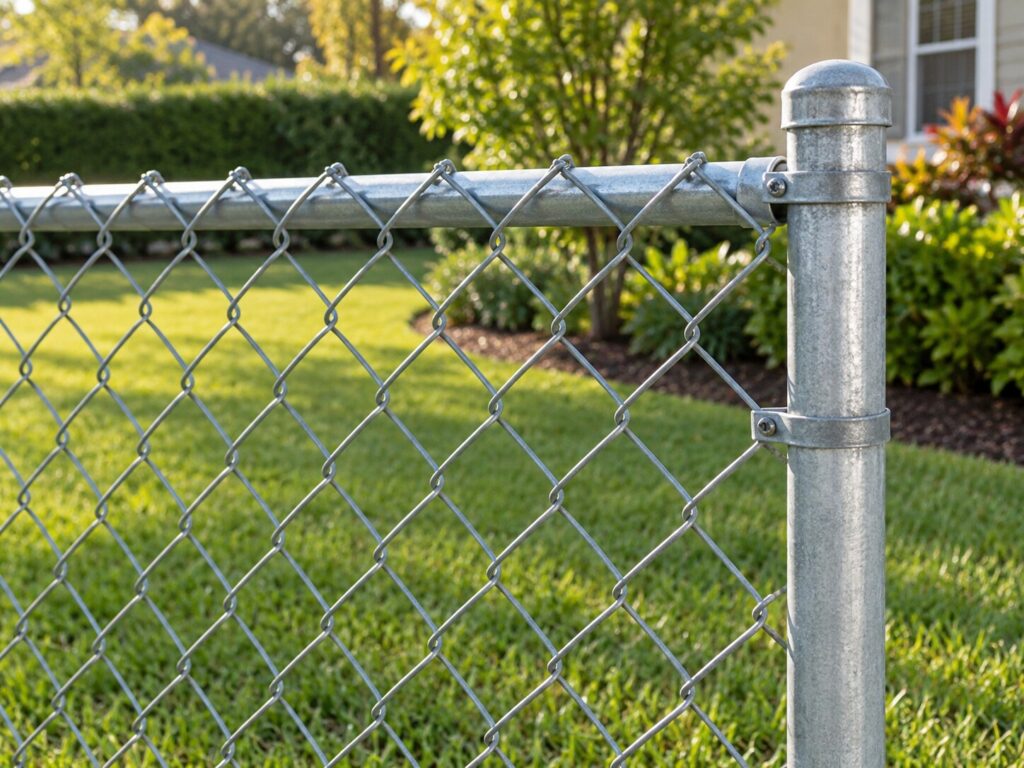 Close view of a professionally installed residential chain link fence